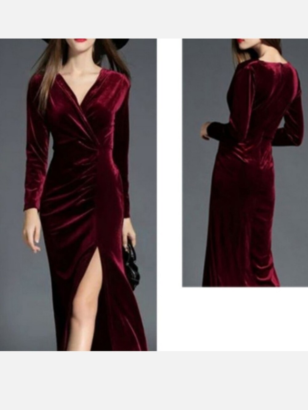 Migeer Elegant XL Women's Velvet Wrap Holiday Semiformal Maxi Dress in Burgundy